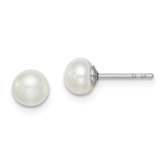 Sterling Silver Rh-Plated 5-6mm White Fw Cultured Button Pearl Stud Earring