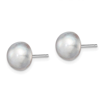 Sterling Silver Rh-Plated 8-9mm Grey Fw Cultured Button Pearl Stud Earrings