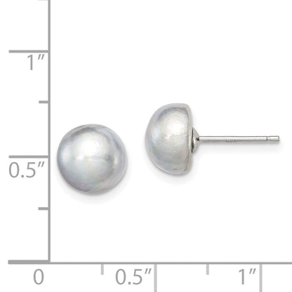 Sterling Silver Rh-Plated 8-9mm Grey Fw Cultured Button Pearl Stud Earrings
