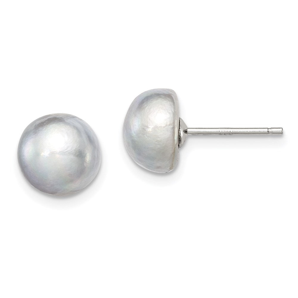 Sterling Silver Rh-Plated 8-9mm Grey Fw Cultured Button Pearl Stud Earrings