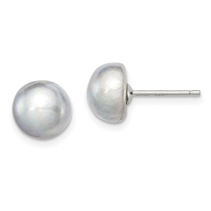 Sterling Silver Rh-Plated 8-9mm Grey Fw Cultured Button Pearl Stud Earrings
