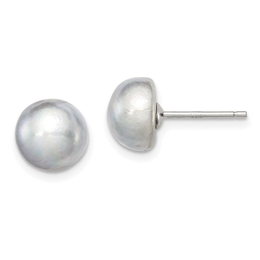 Sterling Silver Rh-Plated 8-9mm Grey Fw Cultured Button Pearl Stud Earrings