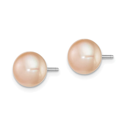 Sterling Silver Rh-Plated 8-9mm Pink Fw Cultured Button Pearl Stud Earrings