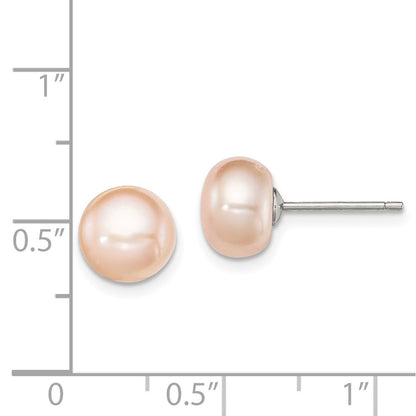 Sterling Silver Rh-Plated 8-9mm Pink Fw Cultured Button Pearl Stud Earrings