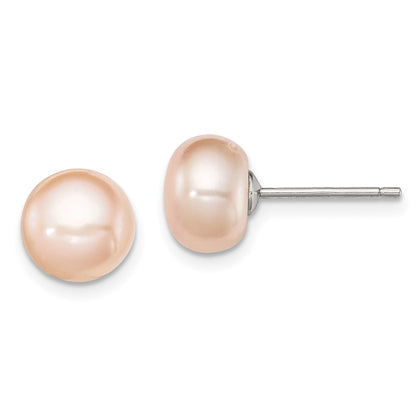 Sterling Silver Rh-Plated 8-9mm Pink Fw Cultured Button Pearl Stud Earrings