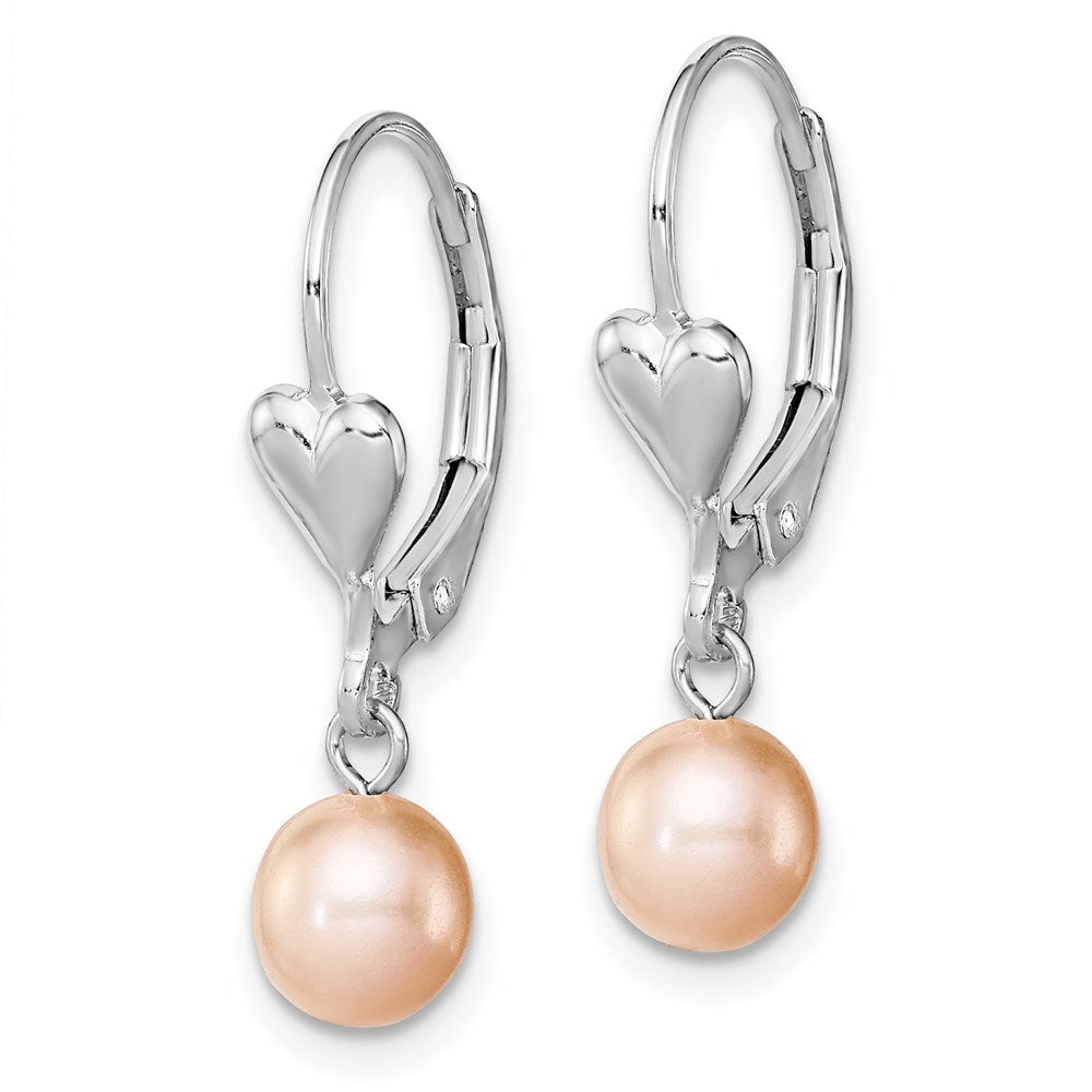 Sterling Silver Rhodium-Plated Polished Pink 6-7mm Freshwater Cultured Pearl Heart Leverback Dangle Earrings