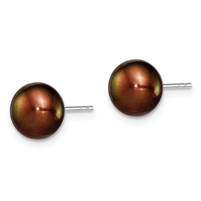 Sterling Silver Rh-Plated 8-9mm Brown Fw Cultured Button Pearl Stud Earring