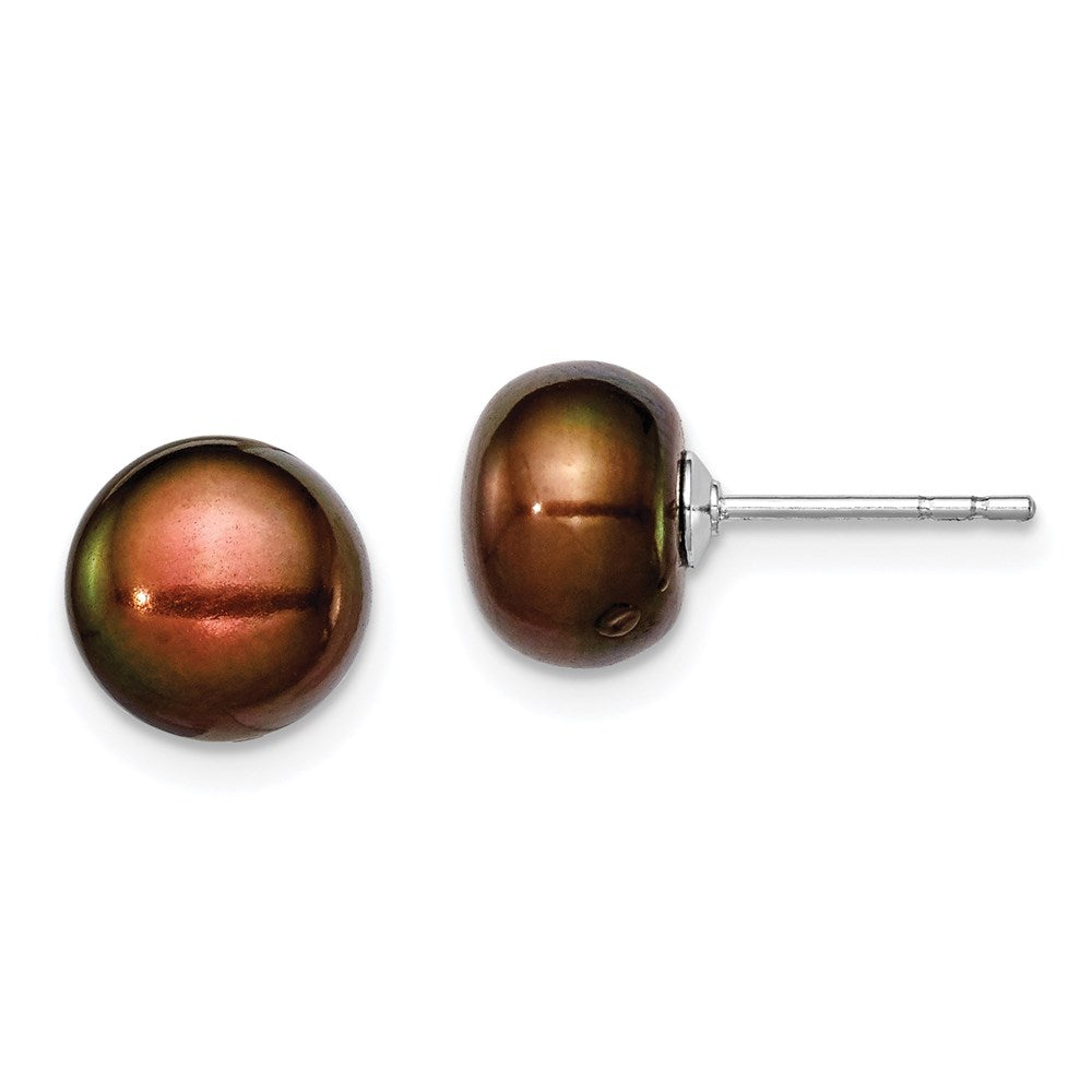 Sterling Silver Rh-Plated 8-9mm Brown Fw Cultured Button Pearl Stud Earring