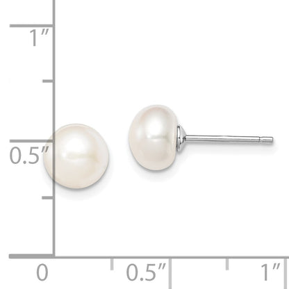 Sterling Silver Rh-Plated 7-8mm White Fw Cultured Button Pearl Stud Earring