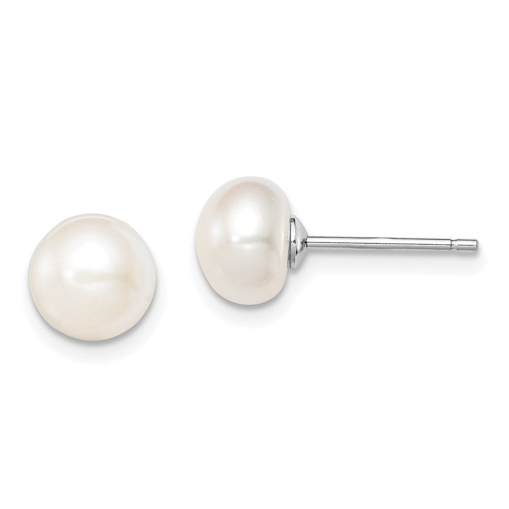 Sterling Silver Rh-Plated 7-8mm White Fw Cultured Button Pearl Stud Earring
