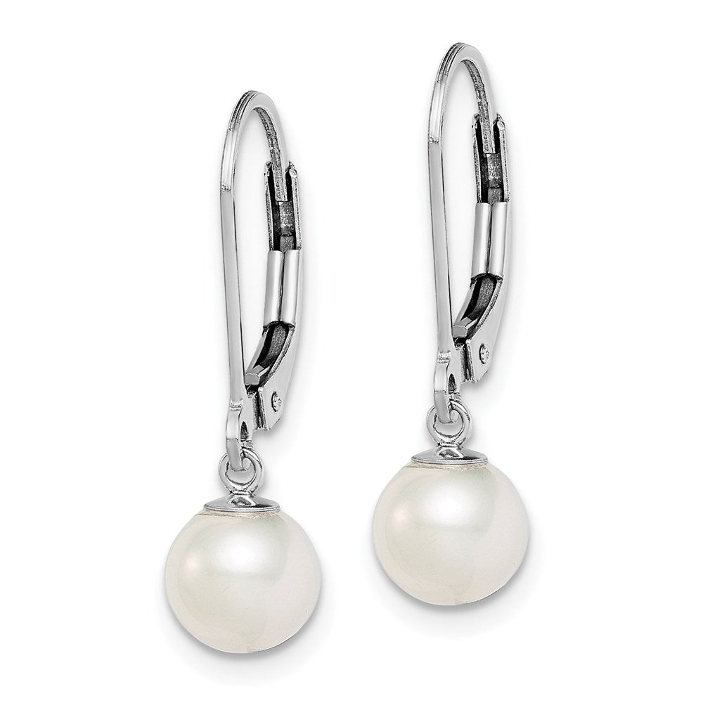 Sterling Silver Rhodium-Plated Polished White 6-7mm Freshwater Cultured Pearl Leverback Dangle Earrings