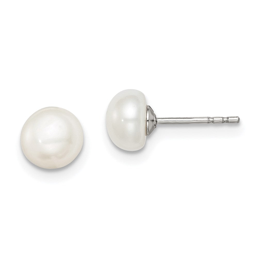 Sterling Silver Rh-Plated 6-7mm White Fw Cultured Button Pearl Stud Earring