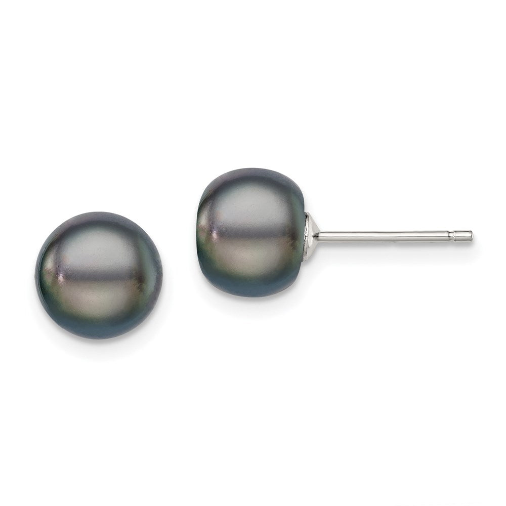 Sterling Silver Rh-Plated 8-9mm Black Fw Cultured Button Pearl Stud Earring