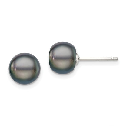 Sterling Silver Rh-Plated 8-9mm Black Fw Cultured Button Pearl Stud Earring