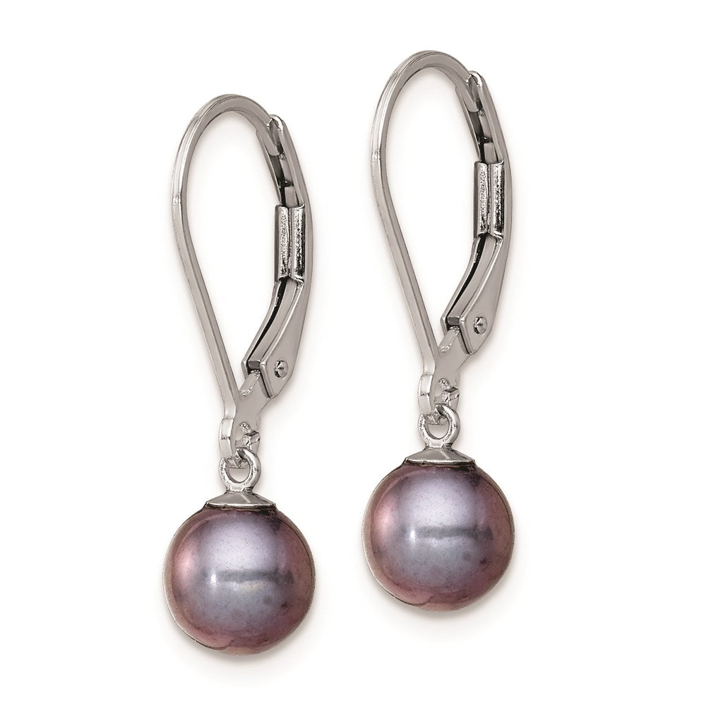 Sterling Silver Rhodium-Plated Polished 6-7mm Black Freshwater Cultured Pearl Leverback Dangle Earrings