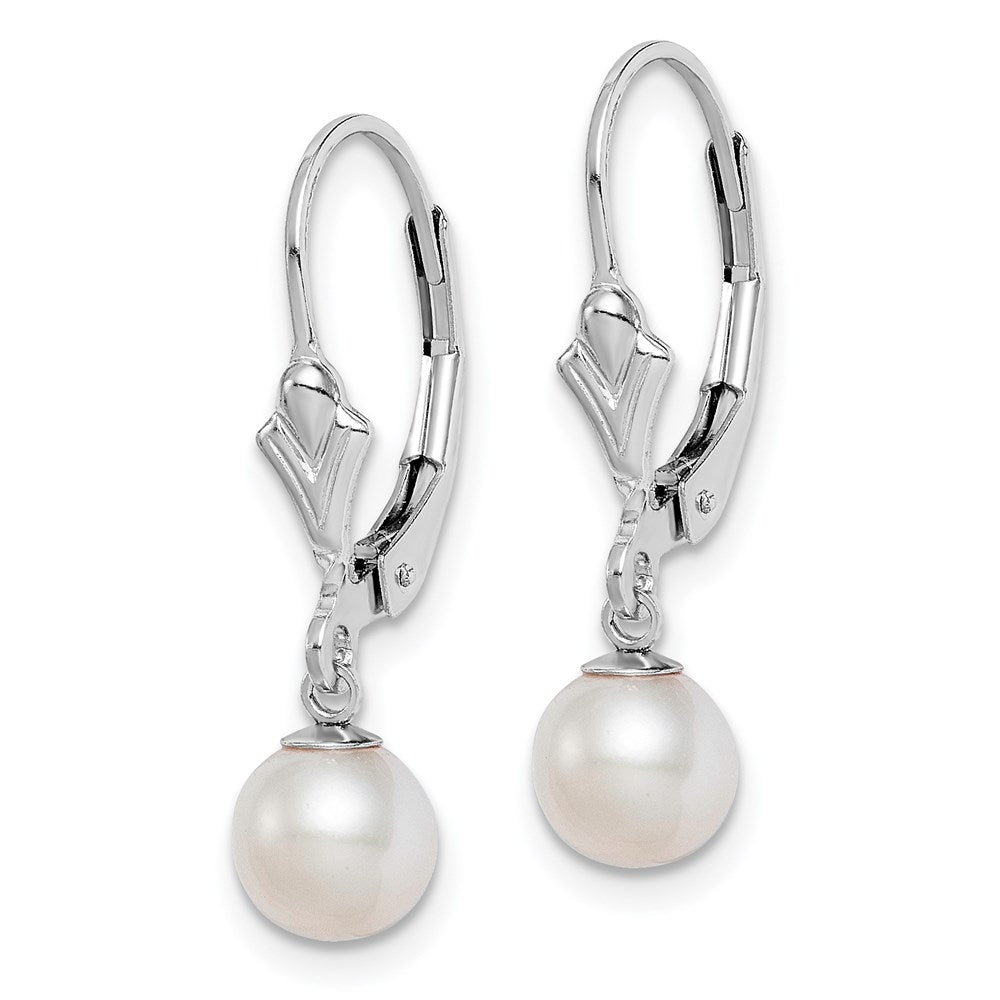 Sterling Silver Rhodium-Plated Polished White 6-7mm Freshwater Cultured Pearl Leverback Dangle Earrings