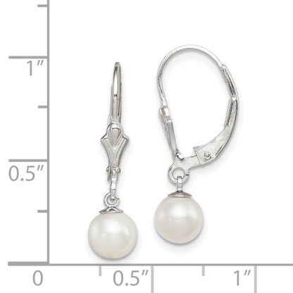 Sterling Silver Rhodium-Plated Polished White 6-7mm Freshwater Cultured Pearl Leverback Dangle Earrings
