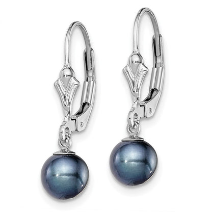 Sterling Silver Rhodium-Plated Polished 6-7mm Black Freshwater Cultured Pearl Leverback Dangle Earrings