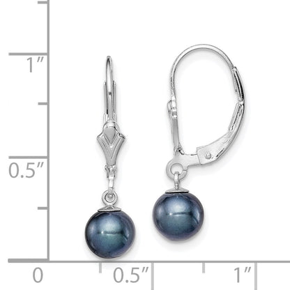 Sterling Silver Rhodium-Plated Polished 6-7mm Black Freshwater Cultured Pearl Leverback Dangle Earrings