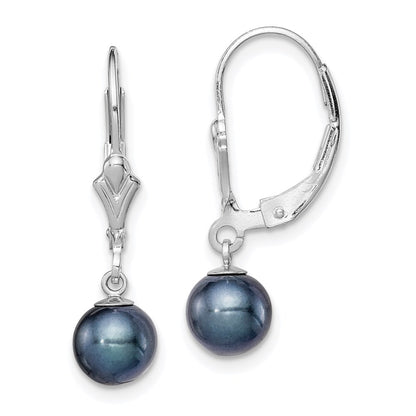 Sterling Silver Rhodium-Plated Polished 6-7mm Black Freshwater Cultured Pearl Leverback Dangle Earrings