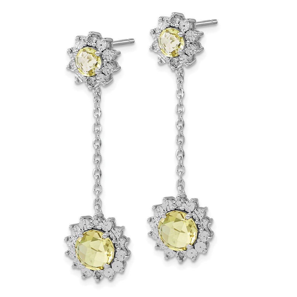 Sterling Silver Polished Diamond & Lemon Quartz Dangle Earrings