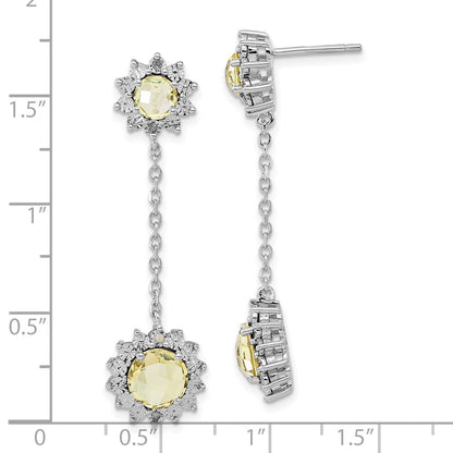 Sterling Silver Polished Diamond & Lemon Quartz Dangle Earrings