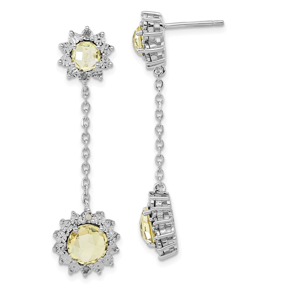 Sterling Silver Polished Diamond & Lemon Quartz Dangle Earrings