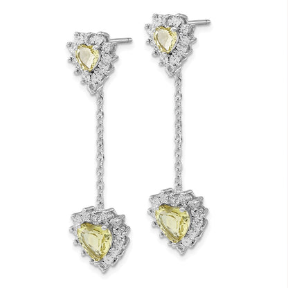 Sterling Silver Polished Diamond & Lemon Quartz Heart Dangle Earrings
