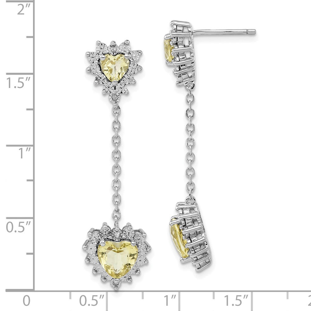 Sterling Silver Polished Diamond & Lemon Quartz Heart Dangle Earrings