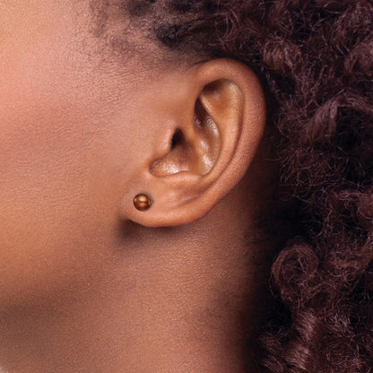 Sterling Silver Rh-Plated 6-7mm Brown Fw Cultured Button Pearl Stud Earring