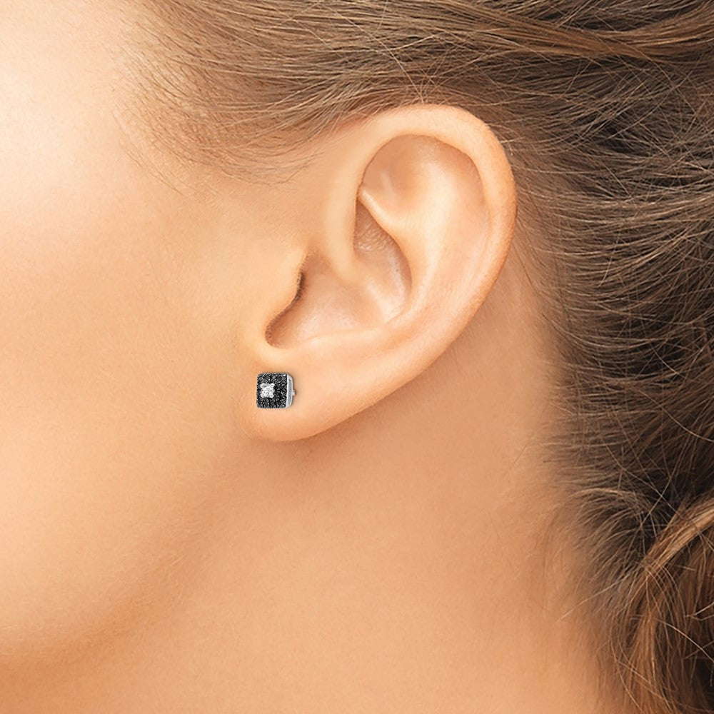 Sterling Silver White Night Rhodium-Plated Black And Diamond Square Stud Post Earrings