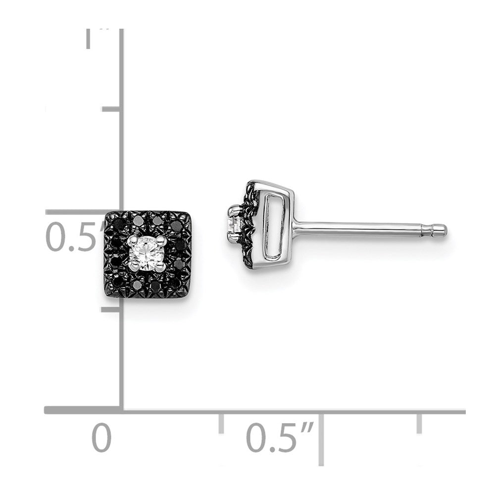 Sterling Silver White Night Rhodium-Plated Black And Diamond Square Stud Post Earrings