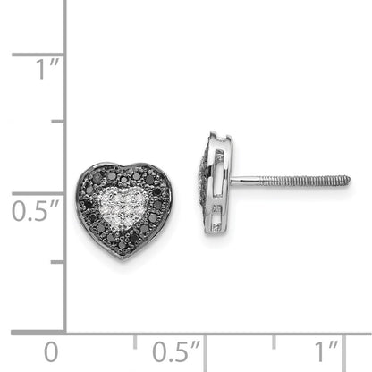 Sterling Silver White Night Rhodium-Plated Black And Diamond Heart Post Earrings