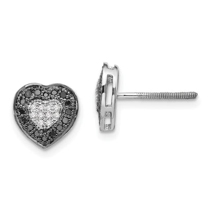 Sterling Silver White Night Rhodium-Plated Black And Diamond Heart Post Earrings