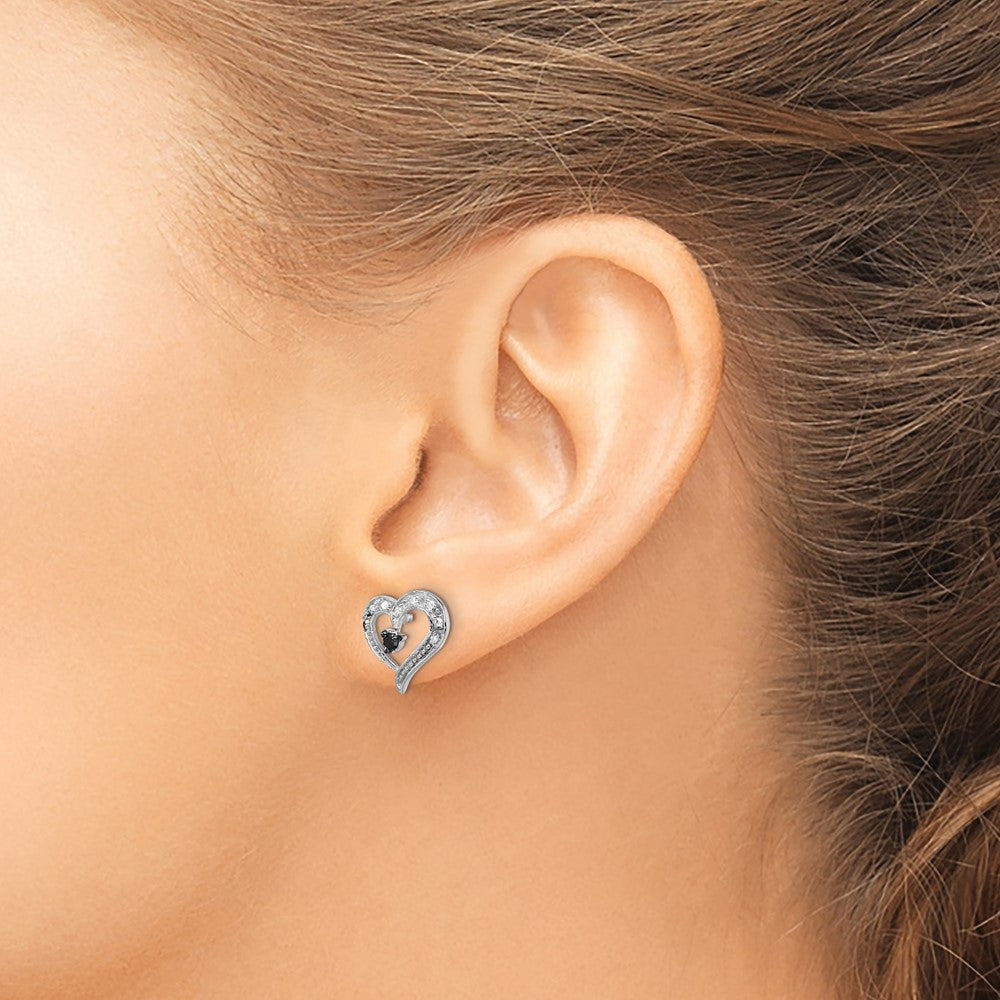 Sterling Silver White Night Rhodium-Plated Black And Diamond Heart Post Earrings