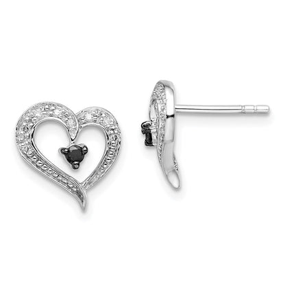 Sterling Silver White Night Rhodium-Plated Black And Diamond Heart Post Earrings