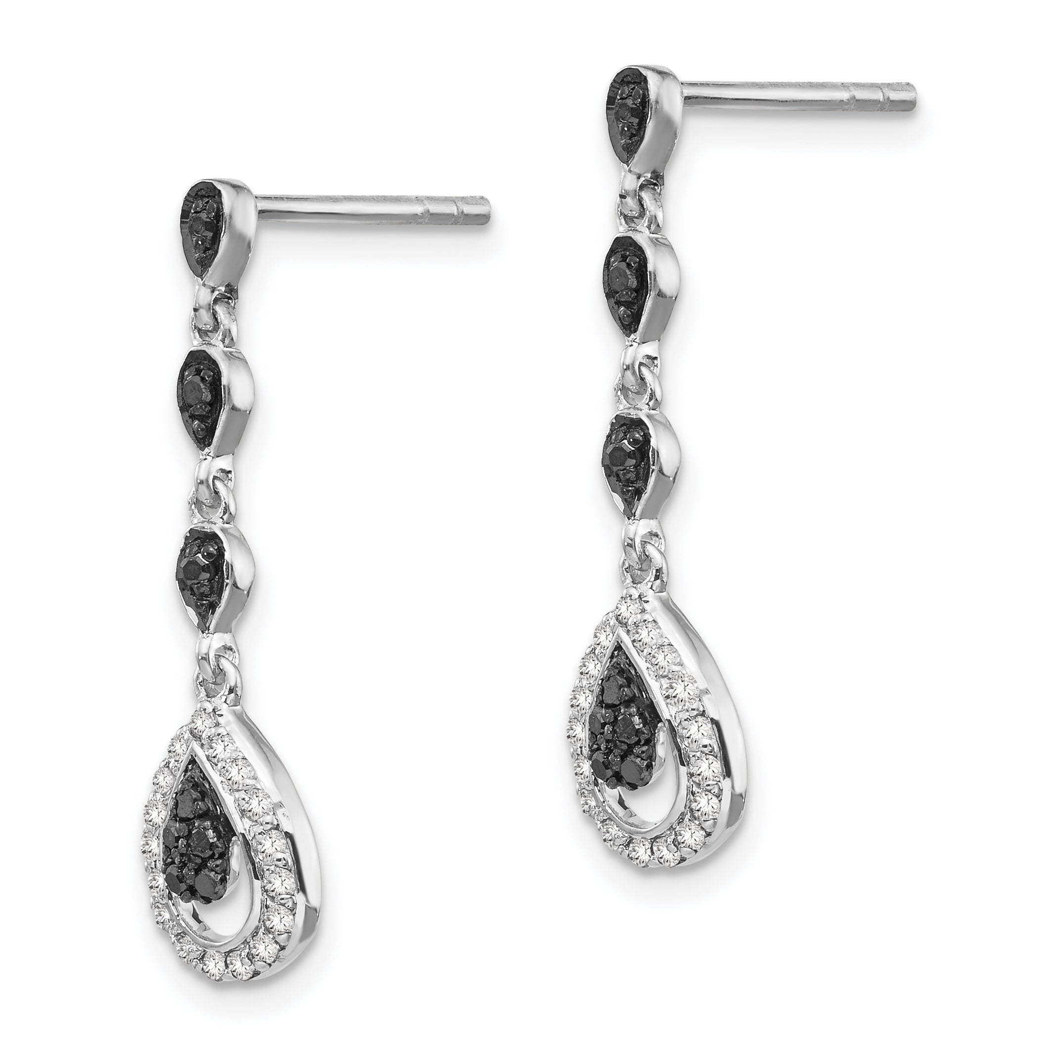 Sterling Silver White Night Rhodium-Plated Black And Diamond Teardrop Post Dangle Earrings