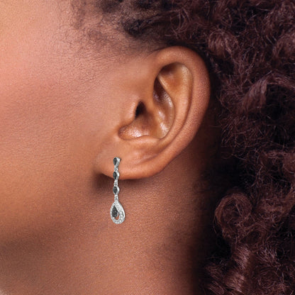 Sterling Silver White Night Rhodium-Plated Black And Diamond Teardrop Post Dangle Earrings