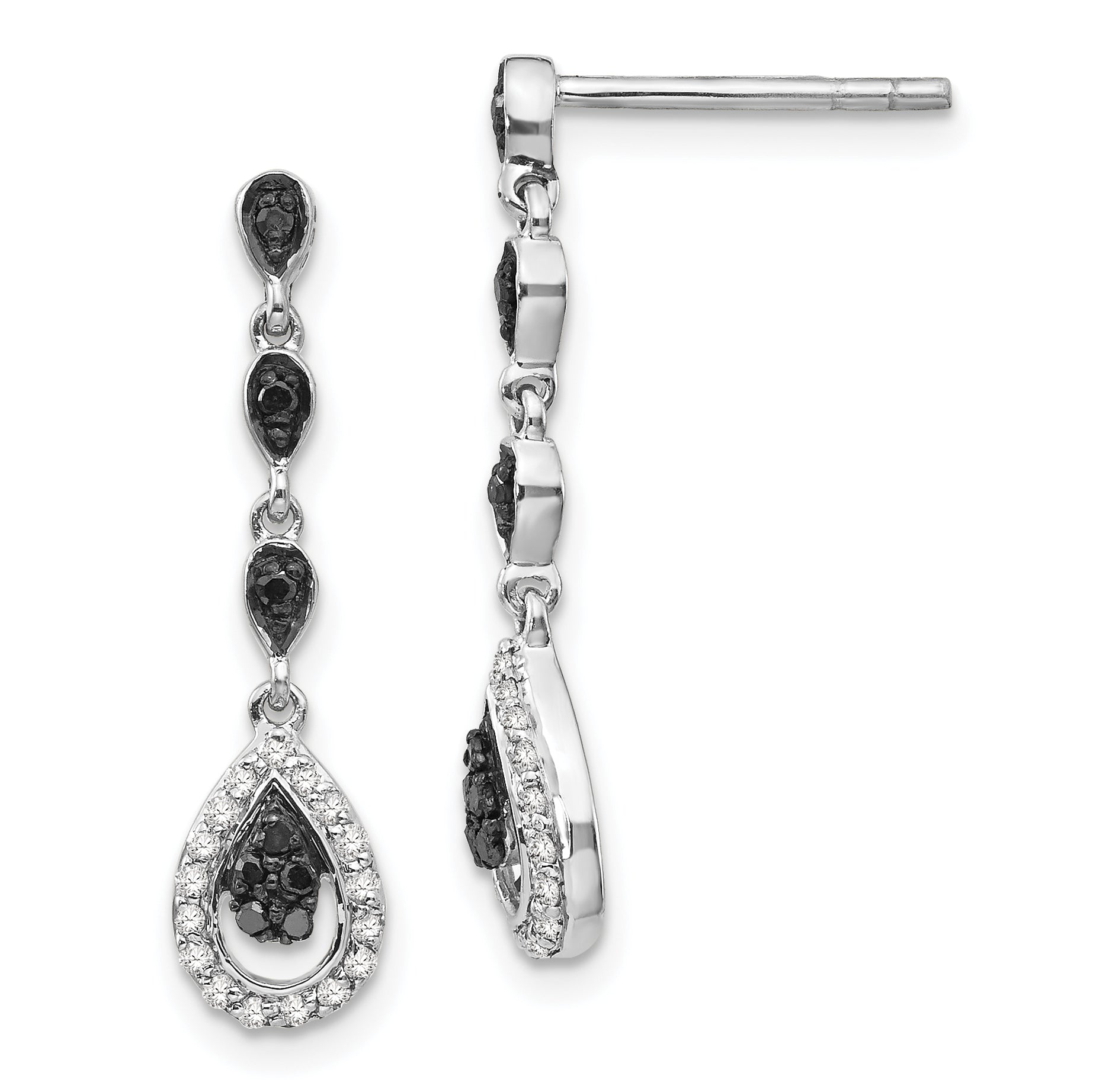 Sterling Silver White Night Rhodium-Plated Black And Diamond Teardrop Post Dangle Earrings