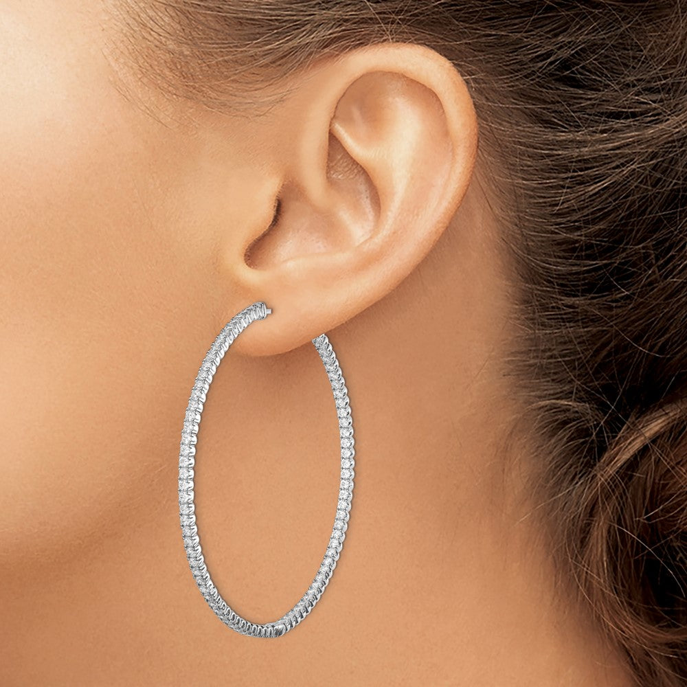 Sterling Silver Shimmer Rhodium-Plated 166 Stone 2mm Cz In And Out Round Hinged Hoop Earrings