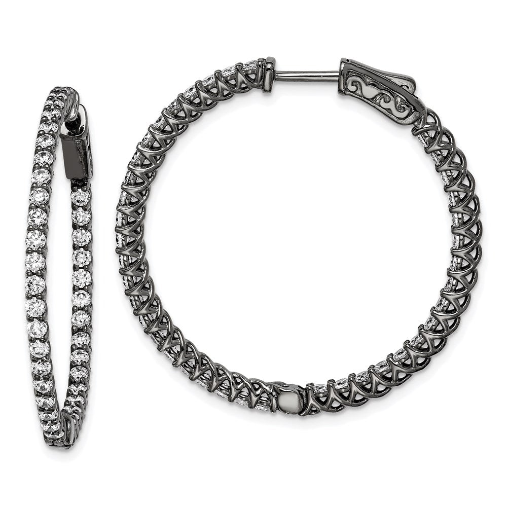 Sterling Silver Shimmer Black Rhodium-Plated 78 Stone 2mm Cz In And Out Round Hinged Hoop Earrings