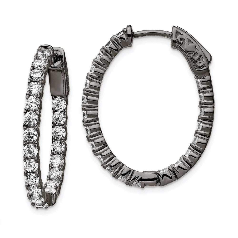 Sterling Silver Shimmer Black Rhodium-Plated 42 Stone 2.5mm Cz In And Out Oval Hinged Hoop Earrings