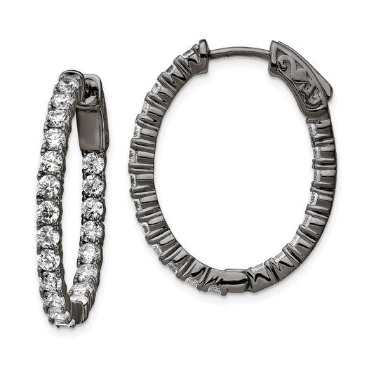 Sterling Silver Shimmer Black Rhodium-Plated 42 Stone 2.5mm Cz In And Out Oval Hinged Hoop Earrings