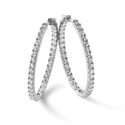 Sterling Silver Shimmer Rhodium-Plated 66 Stone 3.0mm Cz In And Out Oval Hinged Hoop Earrings