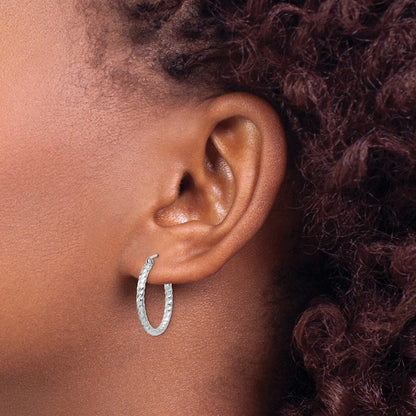 Sterling Silver Rhodium Plated Diamond-Cut 2X20mm Hoop Earrings