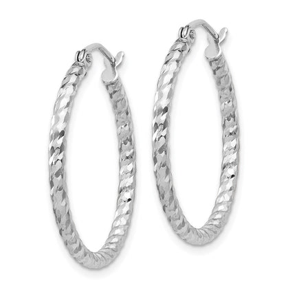 Sterling Silver Rhodium Plated Diamond-Cut 2X25mm Hoop Earrings