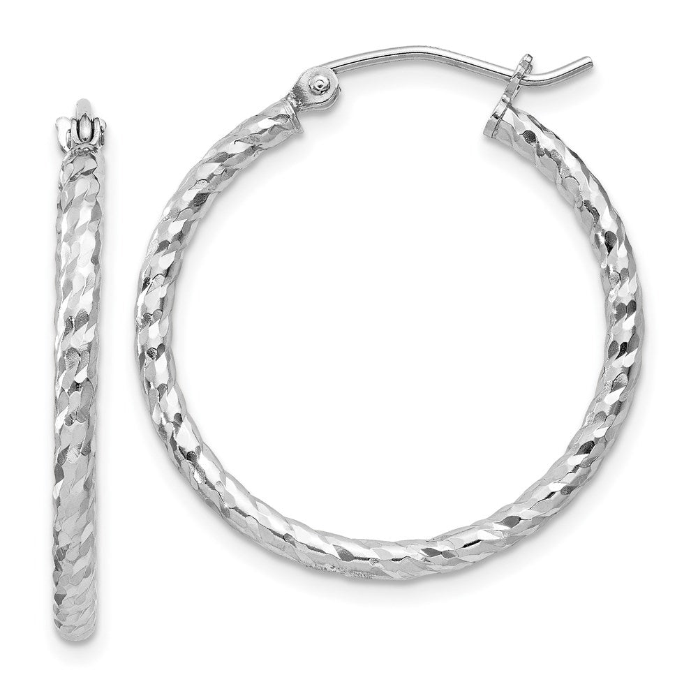 Sterling Silver Rhodium Plated Diamond-Cut 2X25mm Hoop Earrings