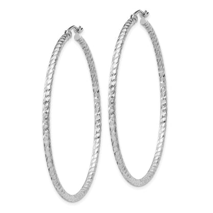 Sterling Silver Rhodium Plated Diamond-Cut 2X50mm Hoop Earrings