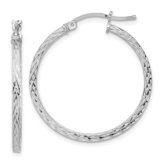 Sterling Silver Rhodium-Plated Diamond-Cut 2X30mm Square Tube Hoop Earrings