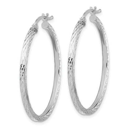 Sterling Silver Rhodium-Plated Diamond-Cut 2X35mm Square Tube Hoop Earrings